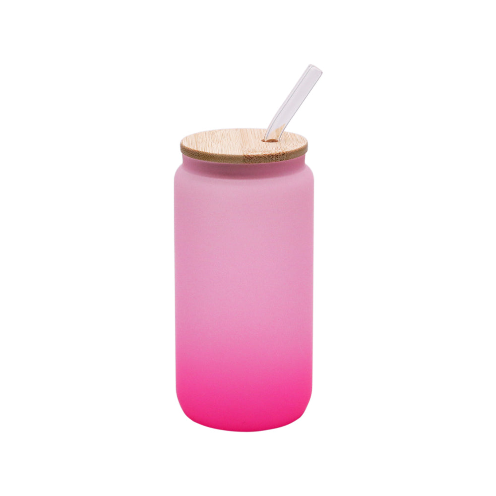 Copo de Vidro Degradê Rosa 600ml com Tampa e Canudo de Bambu para Sublimação