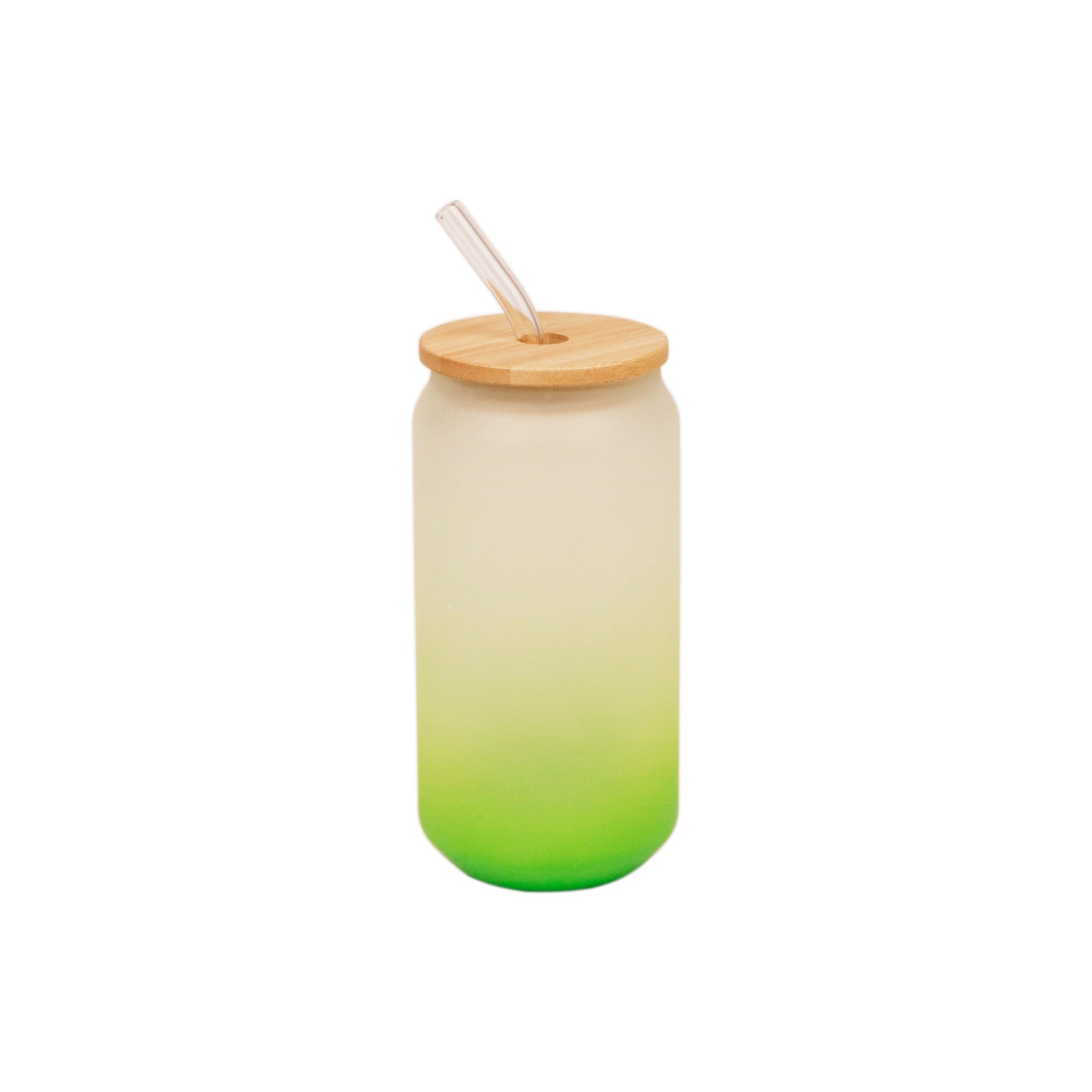 Copo de Vidro 600ml Degradê Verde com Tampa de Bambu e Canudo para Sublimação