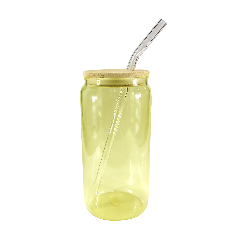 Copo de Vidro Borosilicato 550ml Amarelo com Tampa de Bambu e Canudo para Sublimação