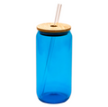 Copo de Vidro Borosilicato 550ml com Tampa de Bambu e Canudo Azul para Sublimação