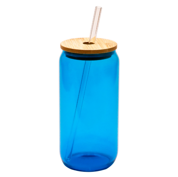 Copo de Vidro Borosilicato 550ml com Tampa de Bambu e Canudo Azul para Sublimação
