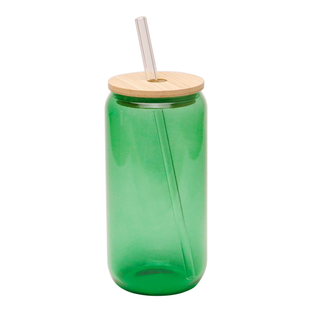 Copo de Vidro Borosilicato 550ml Verde com Tampa Bambu e Canudo para Sublimação