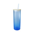 Copo de Vidro 500ml Degradê Azul Claro com Tampa de Bambu e Canudo para Sublimação
