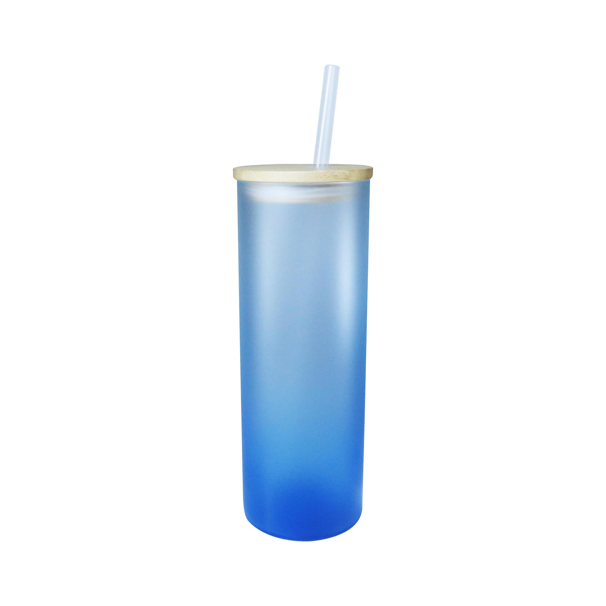 Copo de Vidro 500ml Degradê Azul Claro com Tampa de Bambu e Canudo para Sublimação