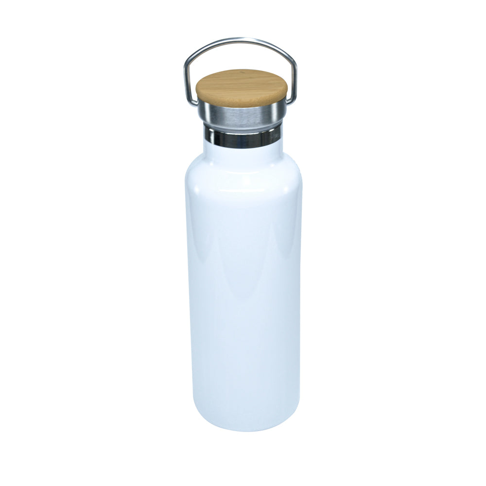 Garrafa Térmica Inox 500ml Branca com Tampa de Bambu para Sublimação