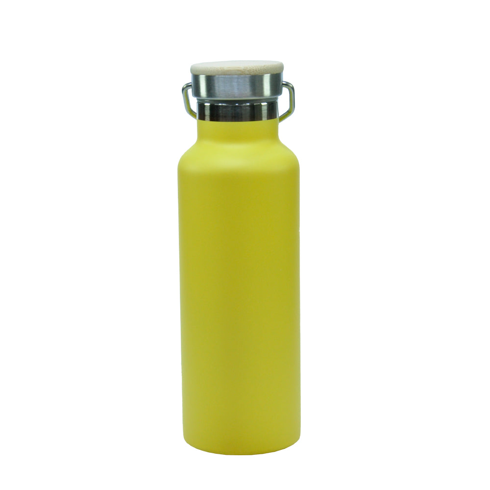 Garrafa Térmica de Inox Amarela 500ml com Tampa de Bambu para Sublimação