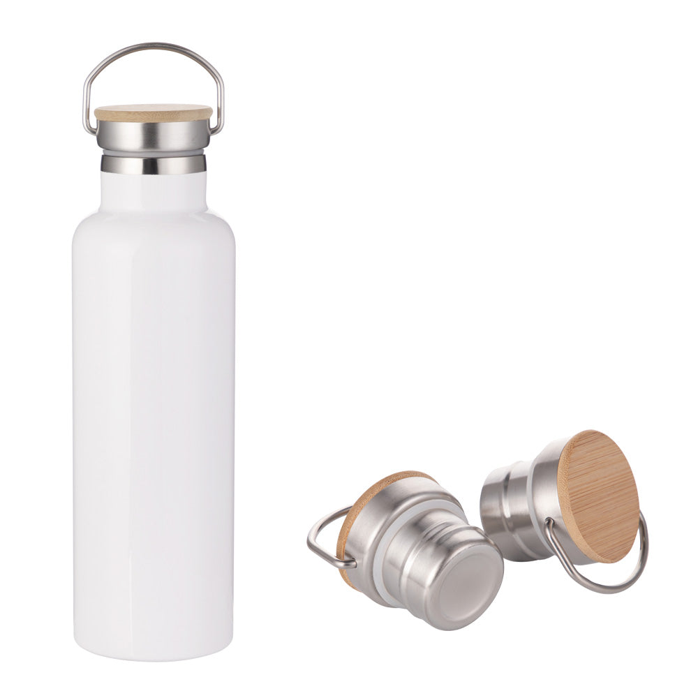 Garrafa Térmica Inox 600ml Branca com Tampa de Bambu para Sublimação