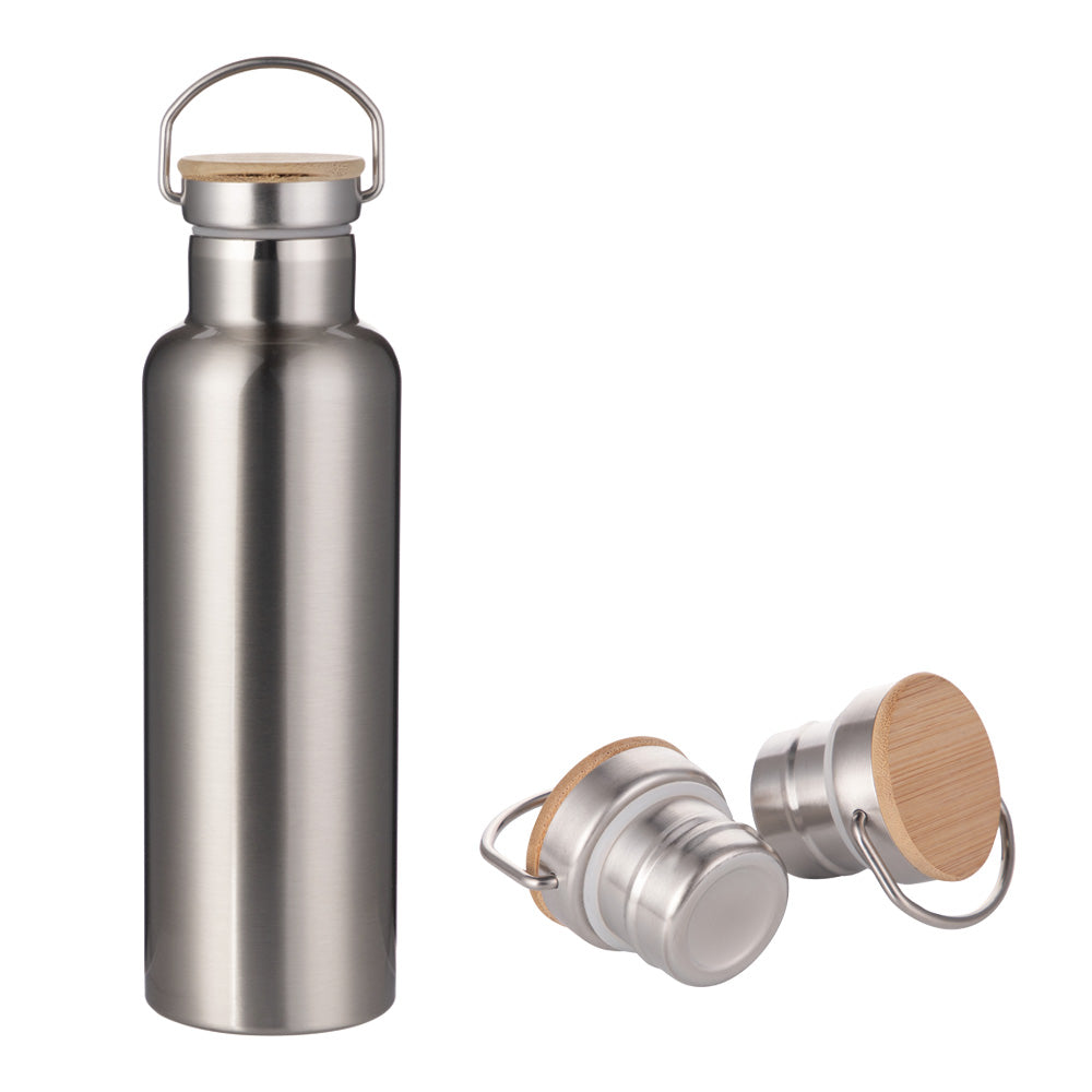 Garrafa Térmica Inox 600ml Prata com Tampa de Bambu para Sublimação