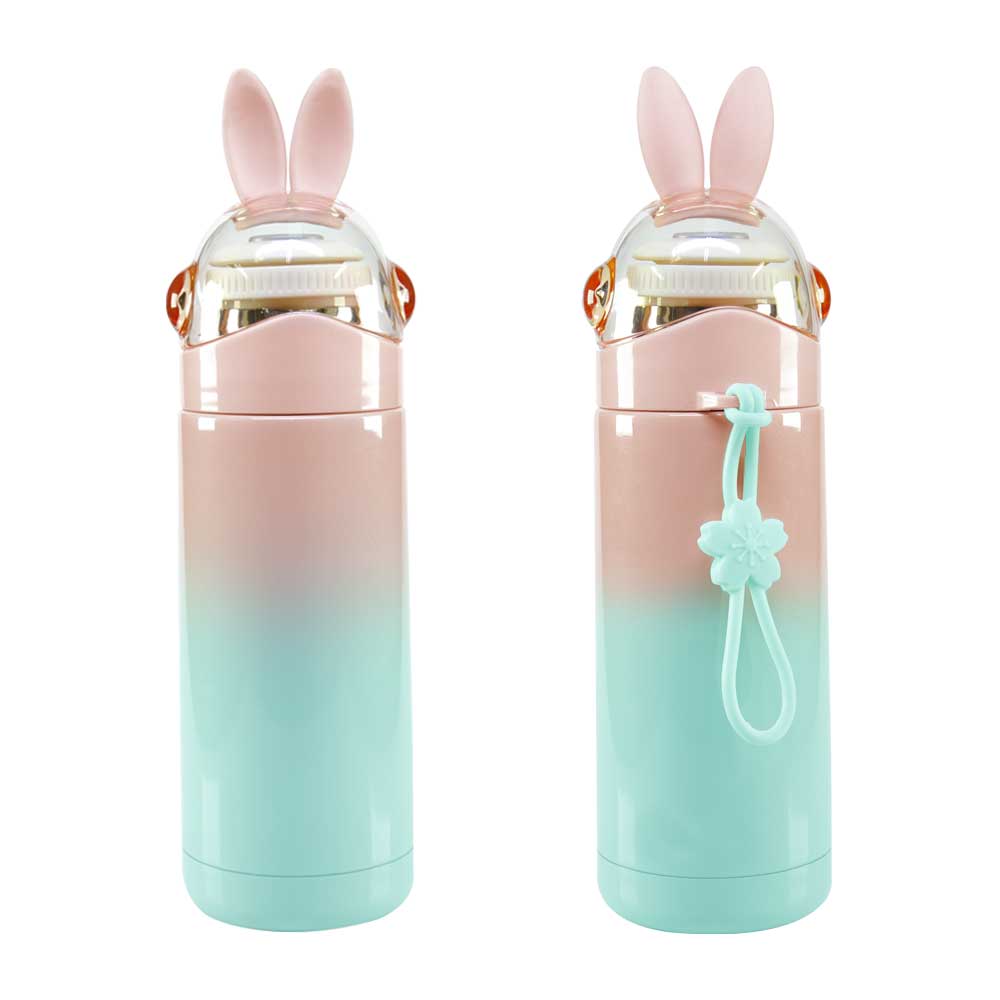 Garrafa Térmica Inox 350ml Verde e Rosa Claro com Estampa Coelhinho para Sublimação