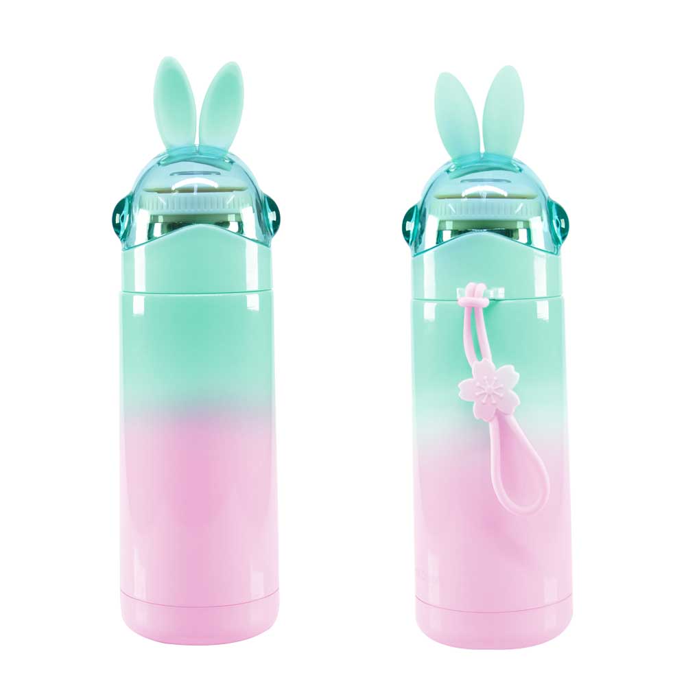 Garrafa Térmica Inox 350ml Rosa e Verde com Estampa Coelhinho para Sublimação