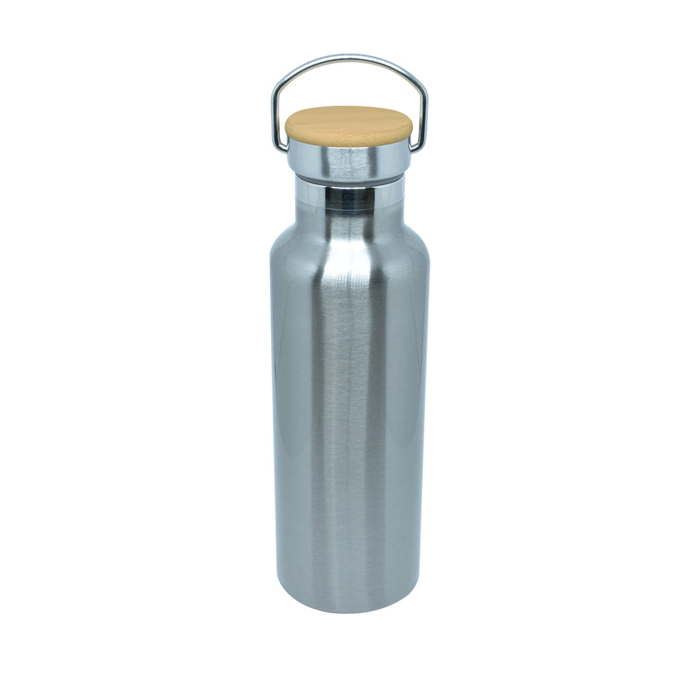 Garrafa Térmica Inox 500ml Prata com Tampa de Bambu para Sublimação
