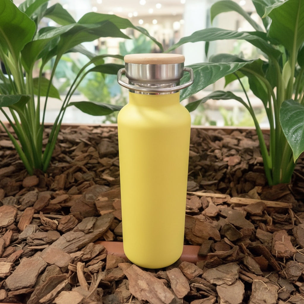 Garrafa Térmica de Inox Amarela 500ml com Tampa de Bambu para Sublimação