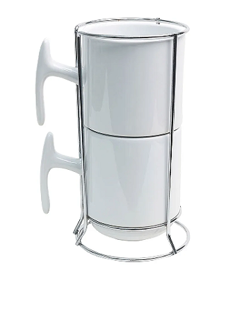 Kit 2 Xícaras de Cerâmica 325ml com Suporte Metálico Prata para Personalização