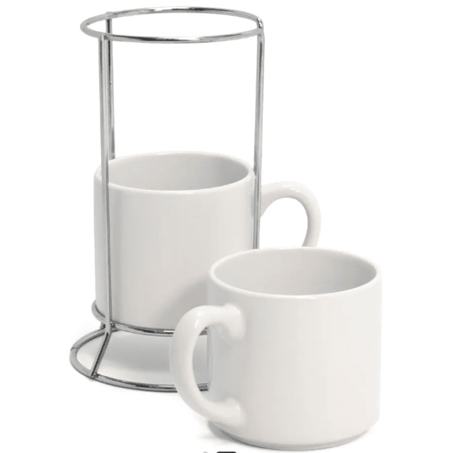 Kit 2 Xícaras de Cerâmica Brancas 150ml com Suporte Metálico para Sublimação