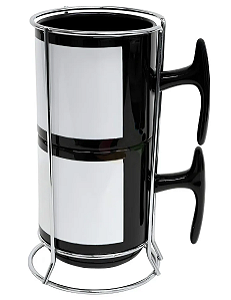 Kit 2 Xícaras de Cerâmica 325ml Pretas com Suporte Metálico para Personalização