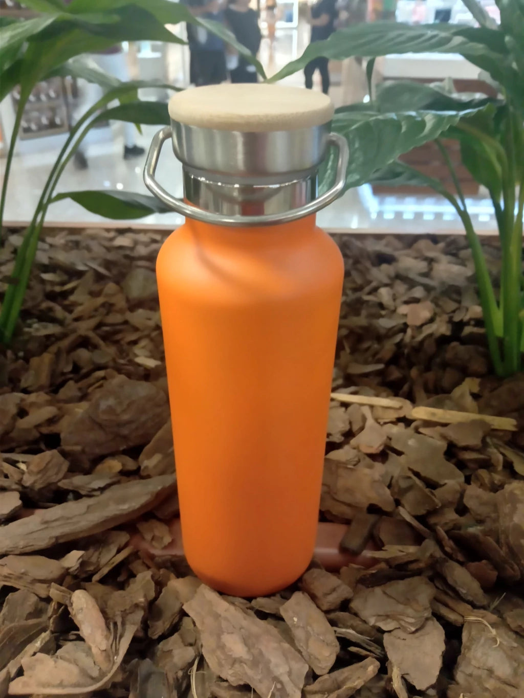Garrafa Térmica Inox 500ml Laranja com Tampa de Bambu para Sublimação