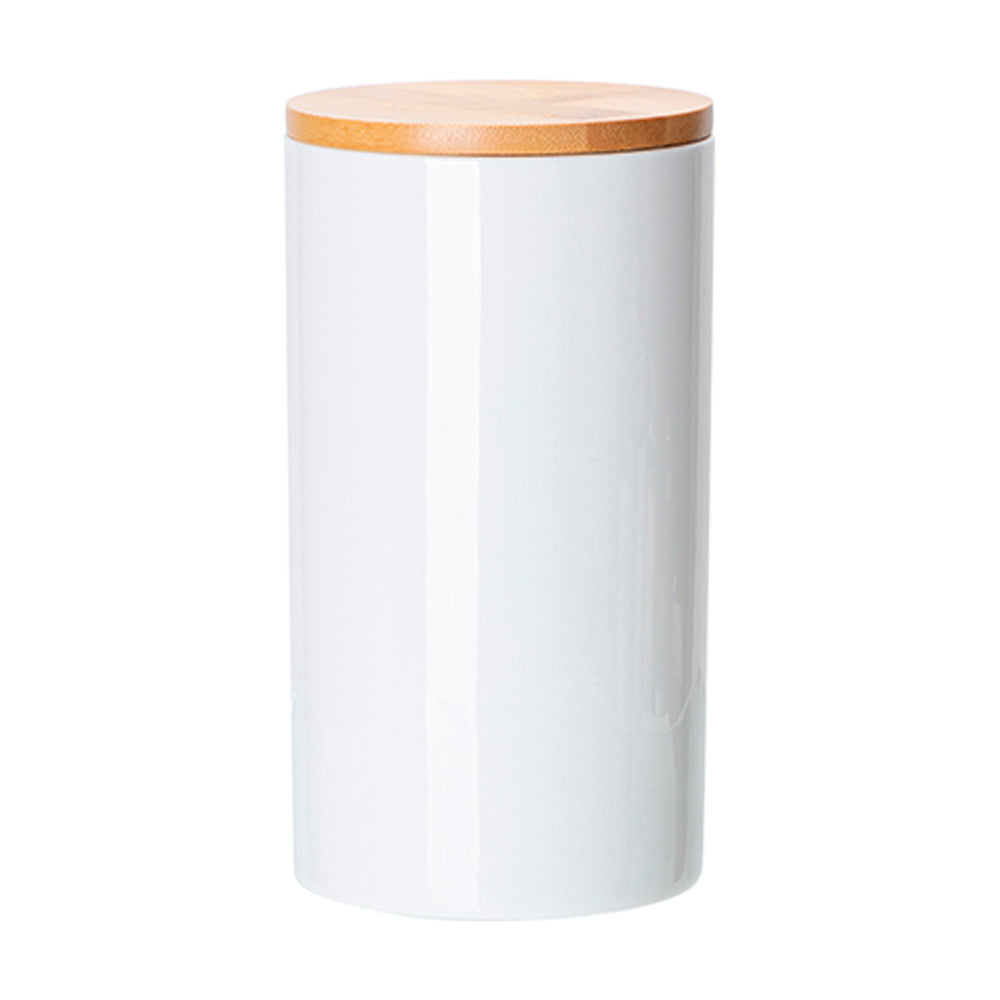 Pote de Cerâmica Branco 900ml com Tampa de Bambu Natural para Sublimação