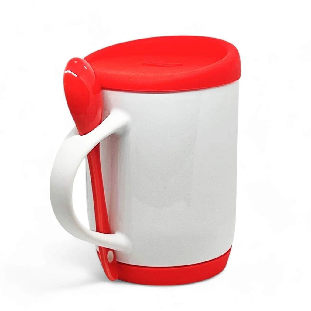 Caneca de Cerâmica Branca 325ml com Colher e Tampa Vermelha para Sublimação