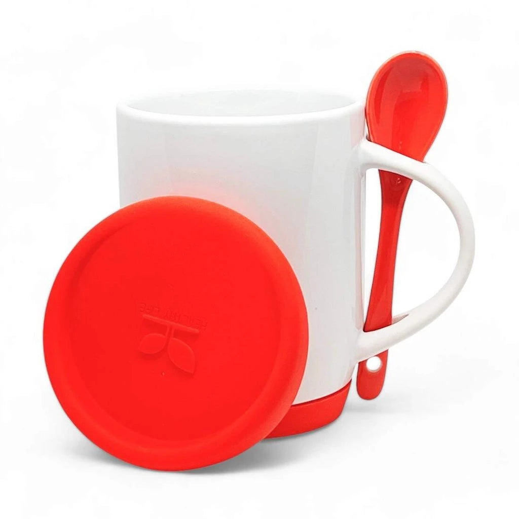Caneca de Cerâmica Branca 325ml com Colher e Tampa Vermelha para Sublimação