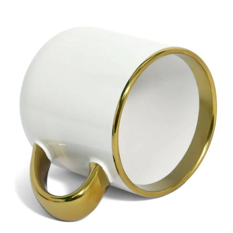 Caneca Cerâmica Branco Imperial com Interior e Alça Dourada 400ml para Personalização