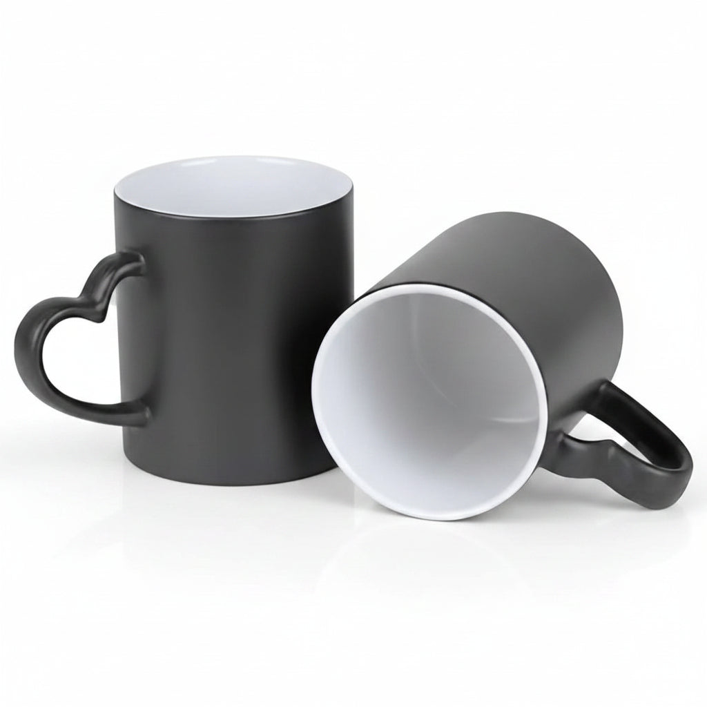 325ml Matte Black Ceramic Magic Mug with Heart Handle for Sublimation