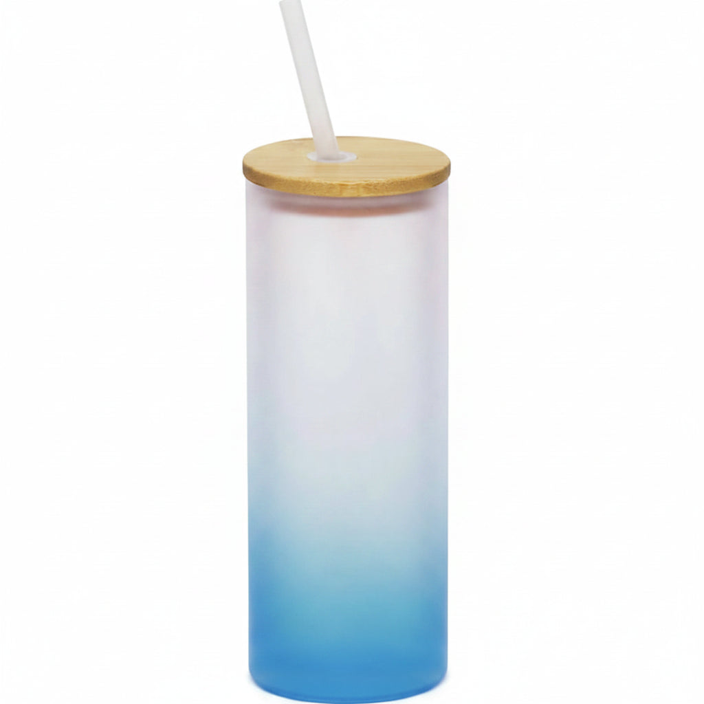 Dark Blue Gradient 550ml Glass Cup with Bamboo Lid and Straw for Sublimation