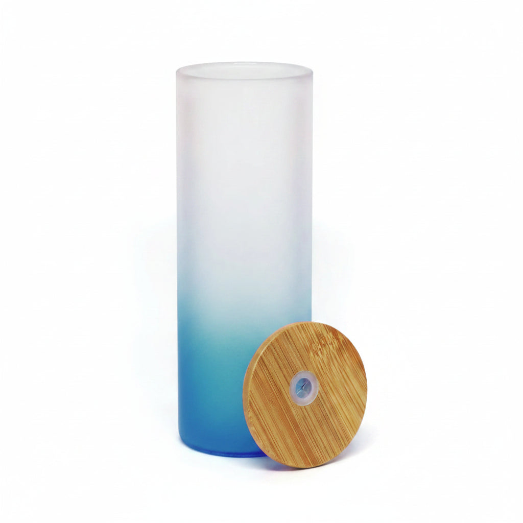 Dark Blue Gradient 550ml Glass Cup with Bamboo Lid and Straw for Sublimation