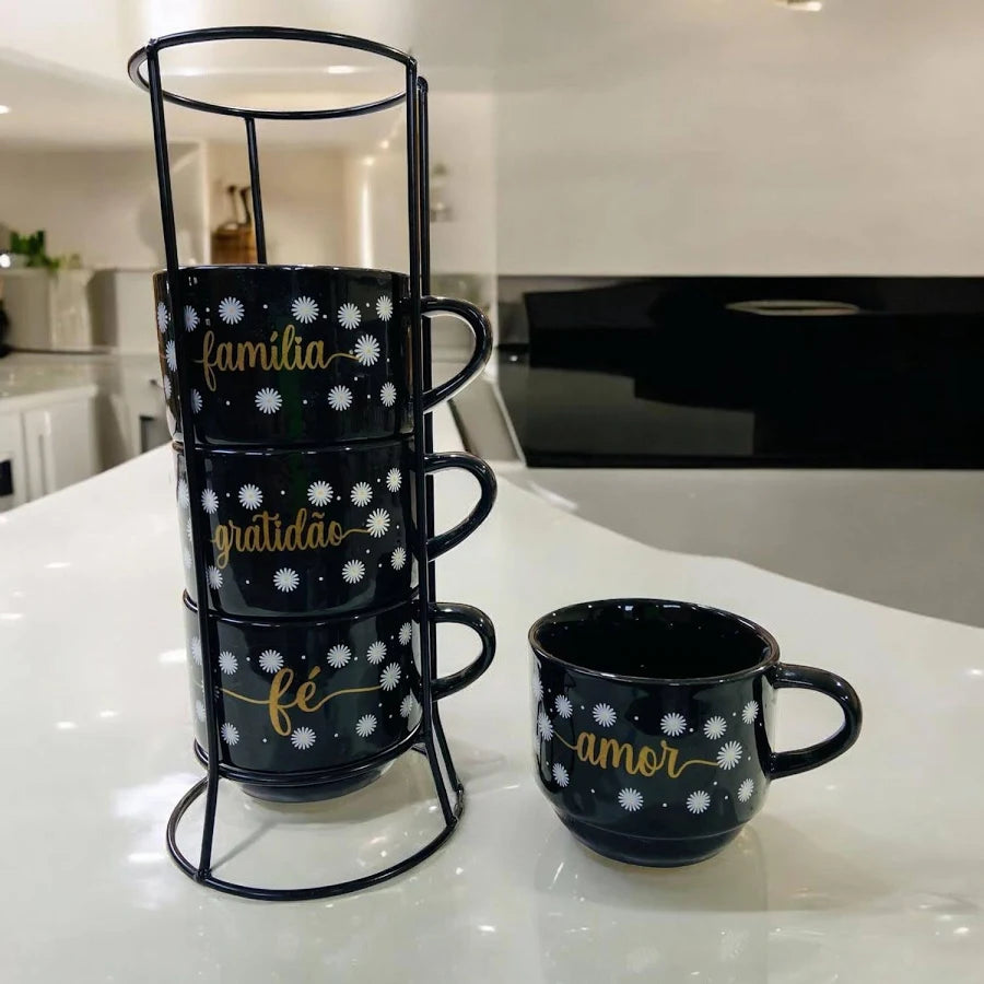 SUPORTE LONDON METAL P/ 4 XÍCARAS CERÂMICA 200ML PRETO