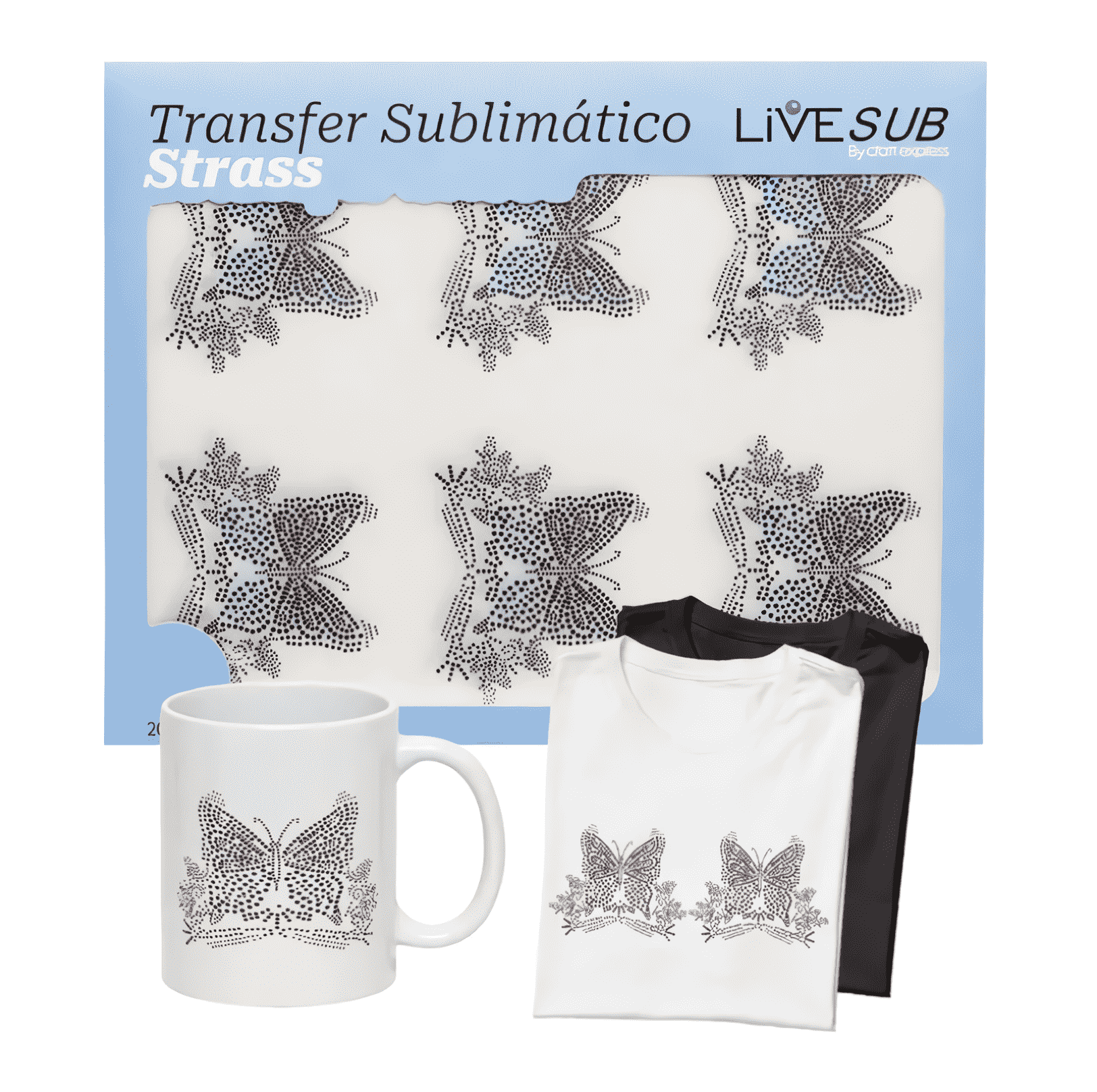 Transfer Strass Borboleta Médio 20x26cm para Personalização de Roupas e Tecidos