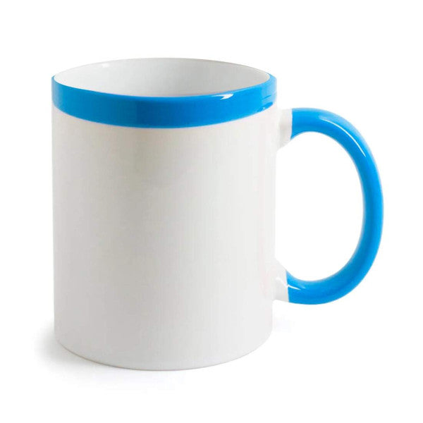 Caneca de Cerâmica Branca 325ml com Faixa Azul Claro para Sublimação