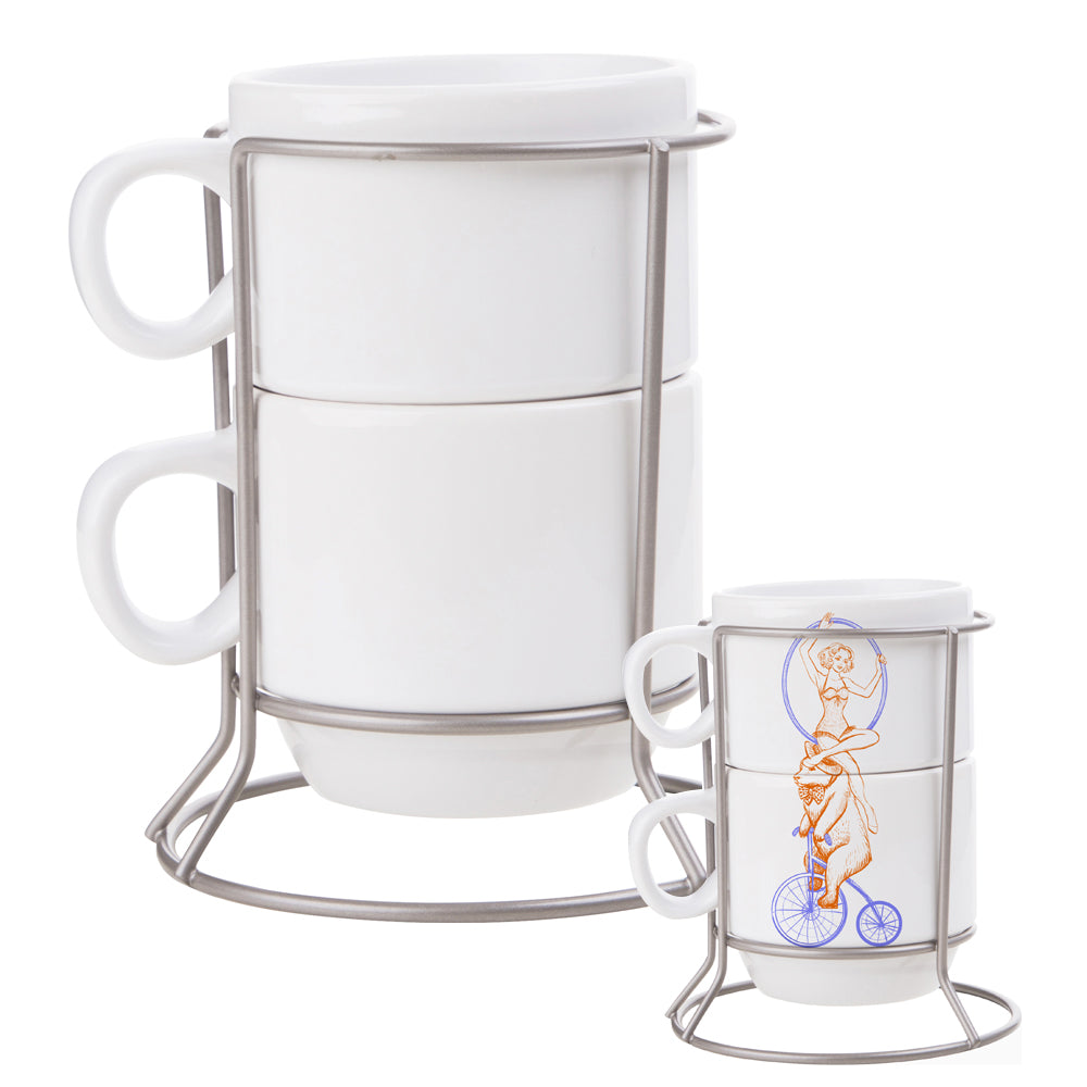 Kit 2 Xícaras de Cerâmica Brancas 150ml com Suporte Metálico para Sublimação